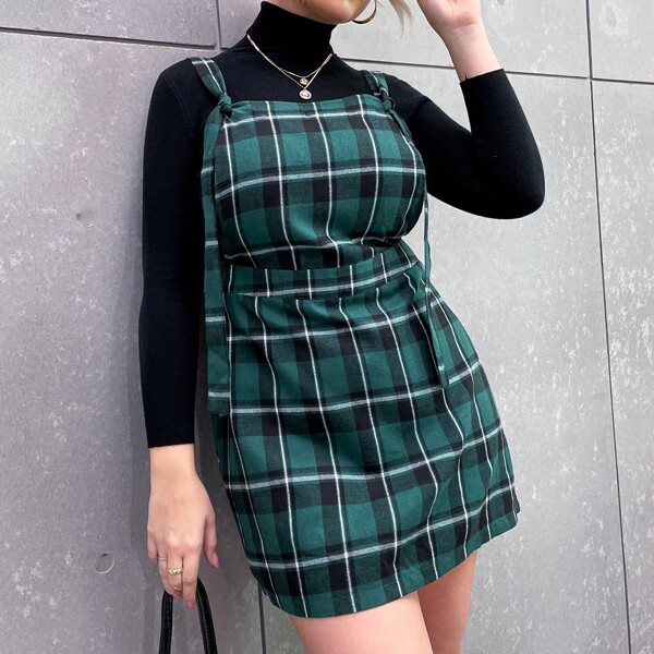 

Plus Plaid Print Overall Dress Without Top, Green