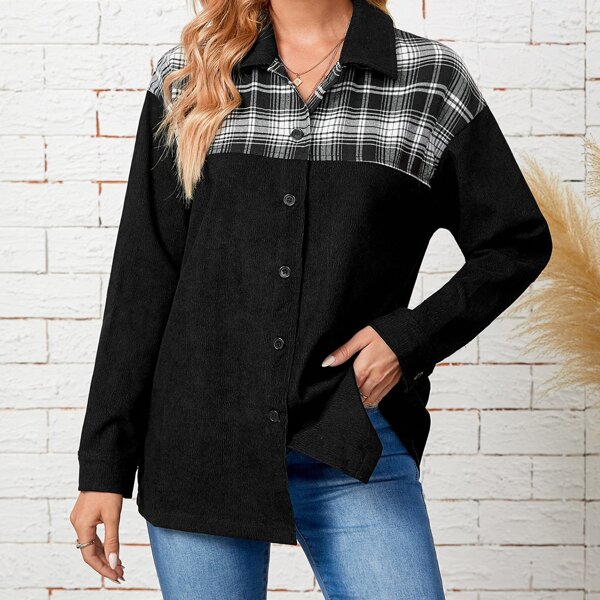 

Plaid Button Through Drop Shoulder Coat, Black