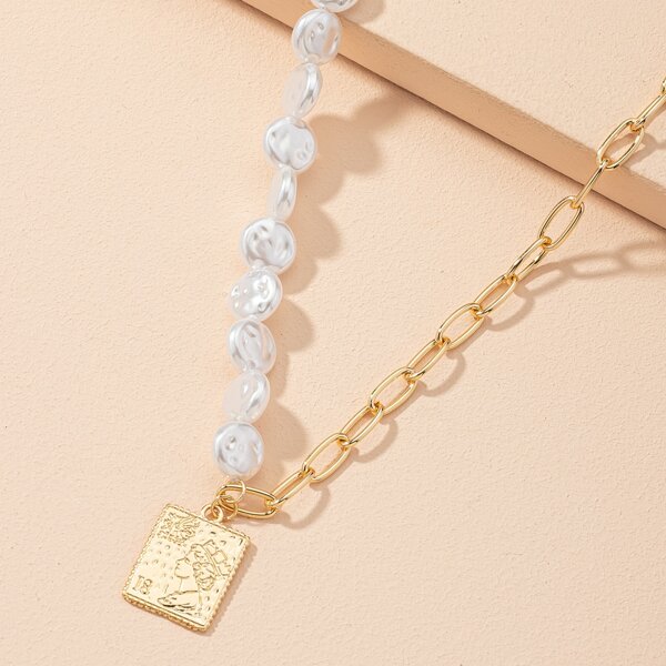 

Faux Pearl Decor Geometric Charm Necklace, Gold