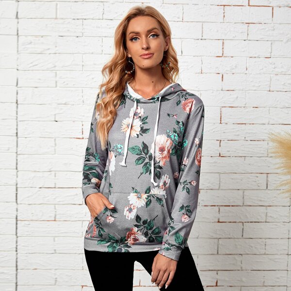 

Floral Print Kangaroo Pocket Drawstring Hoodie, Multicolor