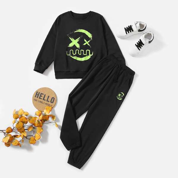 

Boys Brush Print Pullover & Drawstring Waist Sweatpants, Black