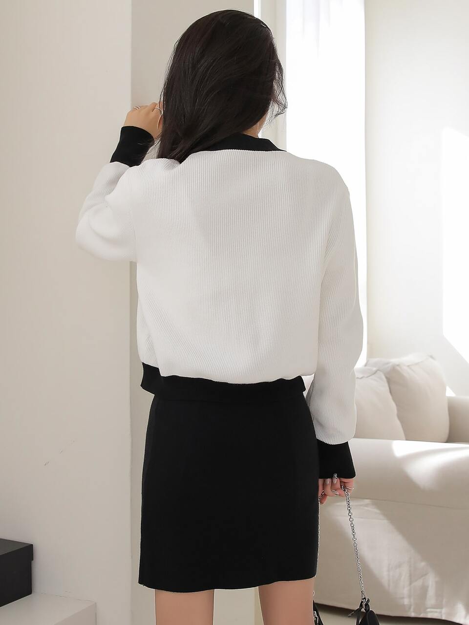Contrast Trim Cardigan & Knit Skirt