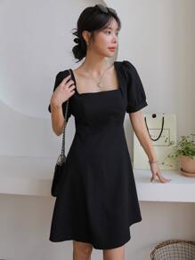 DAZY 方领泡泡袖连衣裙夏季太阳裙，休闲女装