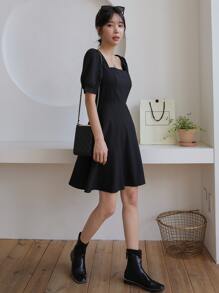 DAZY 方领泡泡袖连衣裙夏季太阳裙，休闲女装