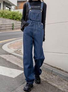 DAZY Slant Pocket Denim Dungarees - Medium Wash - View 1