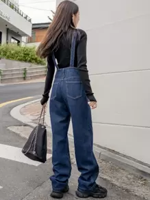 DAZY Slant Pocket Denim Dungarees - Medium Wash - View 2