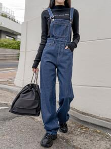 DAZY Slant Pocket Denim Dungarees - Medium Wash - View 3