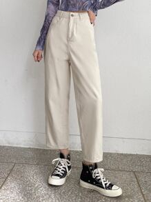 DAZY 高腰直筒牛仔褲 - 米色 - 查看 1