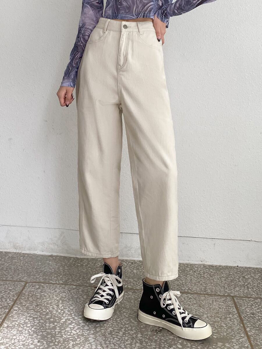 DAZY 高腰直筒牛仔褲 - 米色 - 查看 1