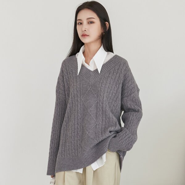 

Cable Knit Drop Shoulder Sweater Without Blouse, Grey