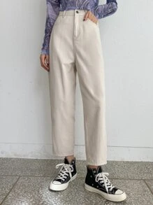 DAZY 高腰直筒牛仔褲 - 米色 - 查看 2