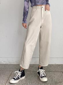 DAZY 高腰直筒牛仔褲 - 米色 - 查看 6