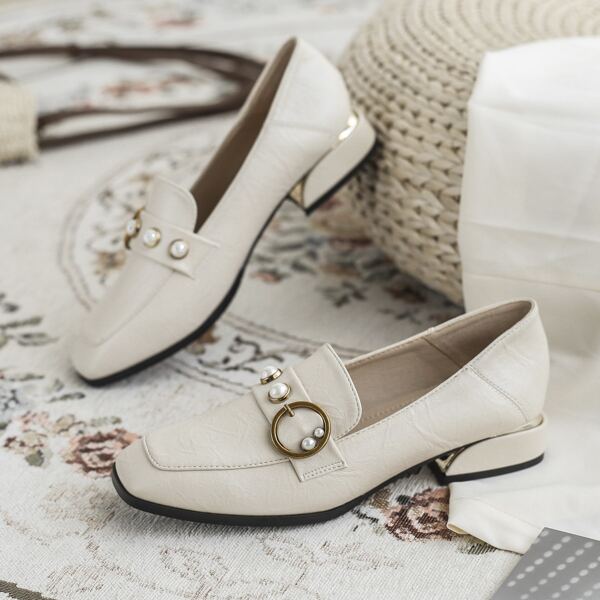 

Faux Pearl Decor Square Toe Flat Loafers, Apricot