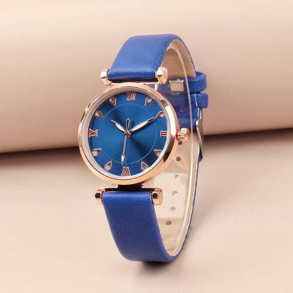 

Rhinestone Decor Round Pointer Quartz Watch