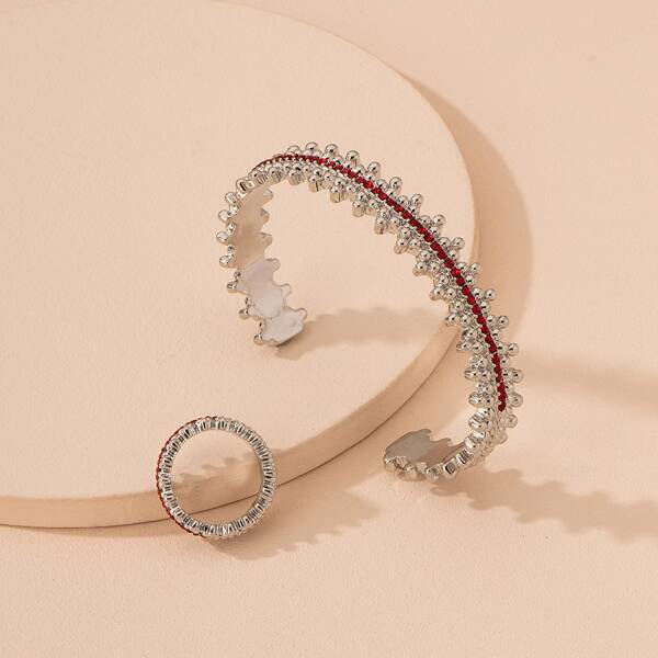 

Rhinestone Decor Ring & Cuff Bangle, Silver
