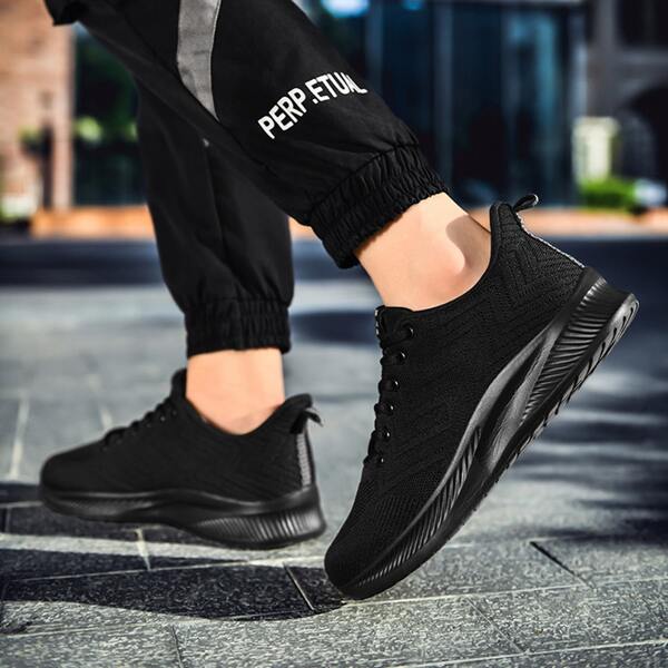 

Men Knit Detail Lace-up Front Running Shoes, Black