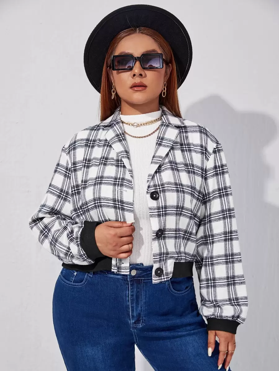 SHEIN LUNE Plus Plaid Drop Shoulder Jacket - Black and White - View 1