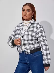 SHEIN LUNE Plus Plaid Drop Shoulder Jacket - Black and White - View 3