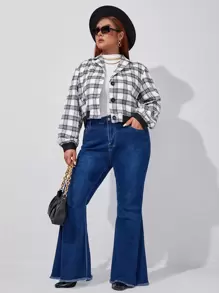 SHEIN LUNE Plus Plaid Drop Shoulder Jacket - Black and White - View 4