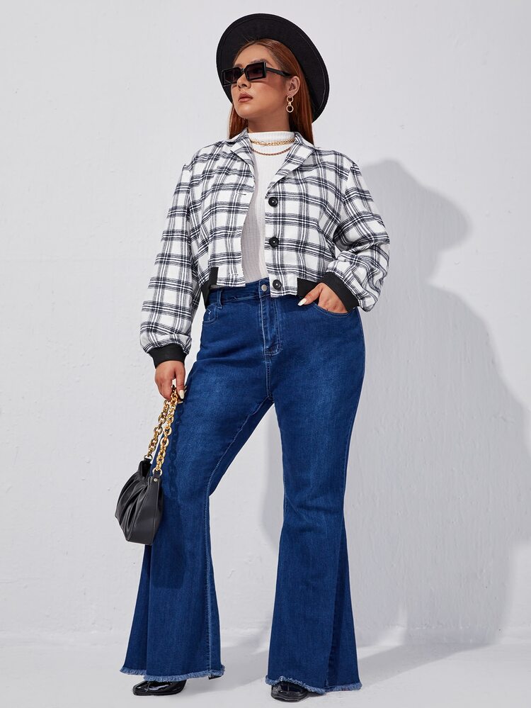 SHEIN LUNE Plus Plaid Drop Shoulder Jacket - Black and White - View 4