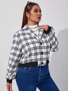 SHEIN LUNE Plus Plaid Drop Shoulder Jacket - Black and White - View 5