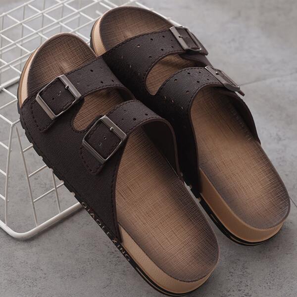 

Men Buckle Decor Slides, Brown