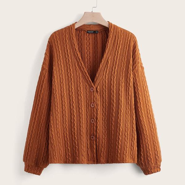 

Plus Wave Textured Button Up Top, Brown