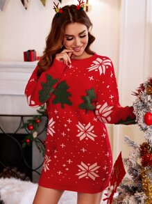 Vestido suéter con patrón de árbol de Navidad - Rojo - Ver 1