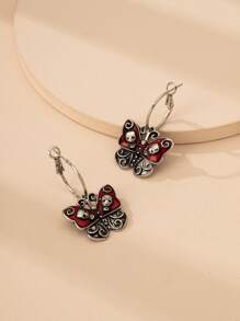 蝴蝶裝飾耳墜 - 復古銀色 - 查看 1