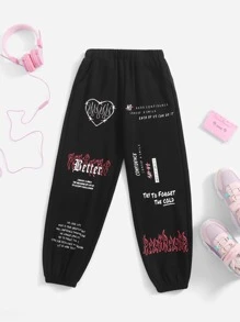 SHEIN Quần thể thao Con gái Túi Tim Slogan - màu đen - Xem 1