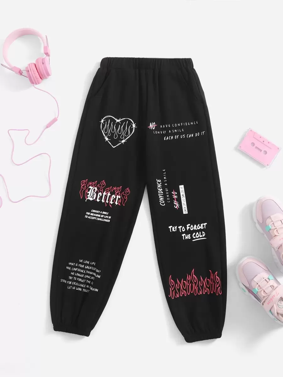 SHEIN Quần thể thao Con gái Túi Tim Slogan - màu đen - Xem 1