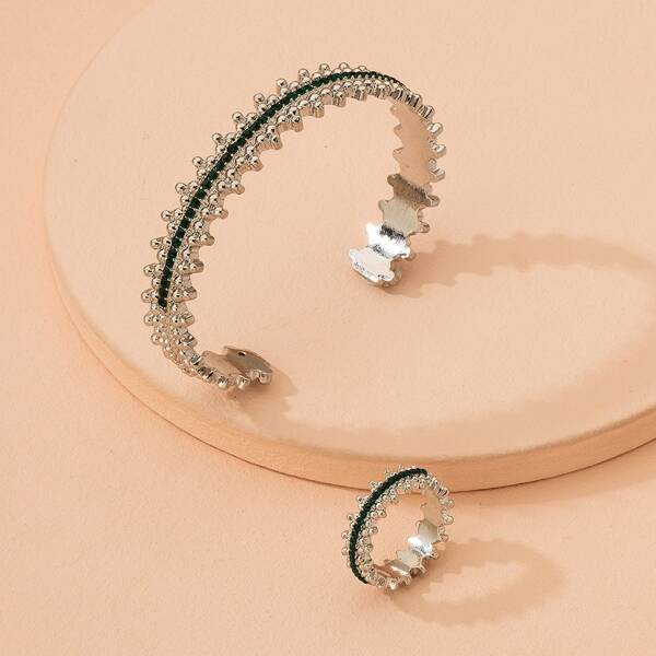 

Rhinestone Decor Ring & Cuff Bangle, Silver