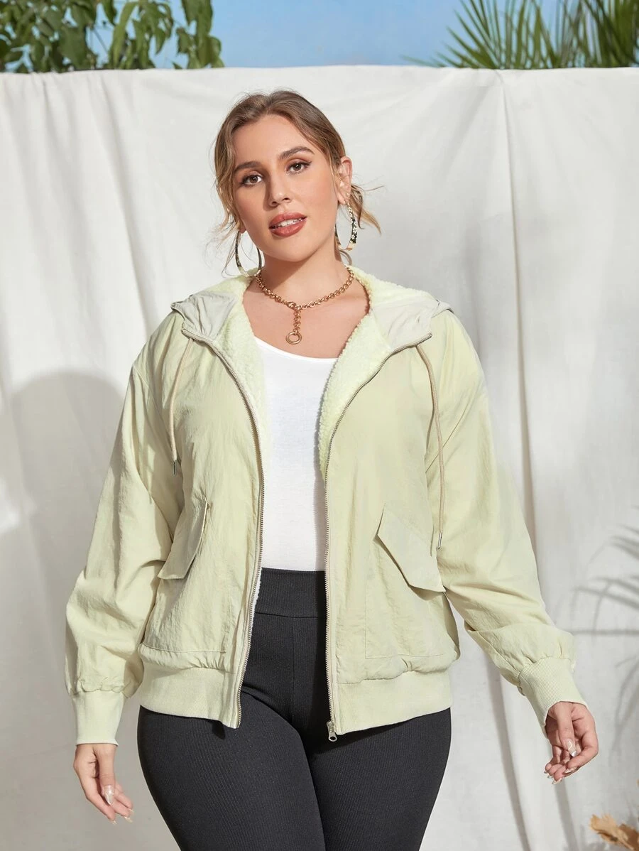 SHEIN Essnce 大码翻盖细节拉链抽绳落肩连帽夹棉大衣 - 杏色 - 查看 1