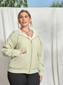 SHEIN Essnce 大码翻盖细节拉链抽绳落肩连帽夹棉大衣 - 杏色 - 查看 3