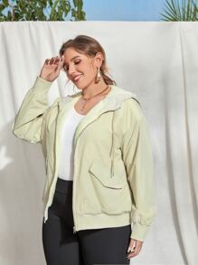 SHEIN Essnce 大码翻盖细节拉链抽绳落肩连帽夹棉大衣 - 杏色 - 查看 4