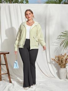 SHEIN Essnce 大码翻盖细节拉链抽绳落肩连帽夹棉大衣 - 杏色 - 查看 5