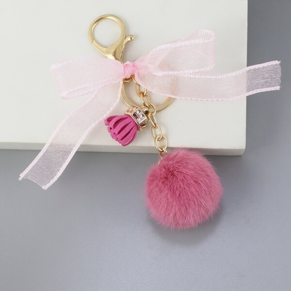 

Pom Pom Charm Bow Decor Keychain, Watermelon pink