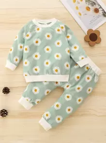 Bebé con estampado floral de manga raglán Sudadera & Pantalones deportivos - verde menta - Ver 1