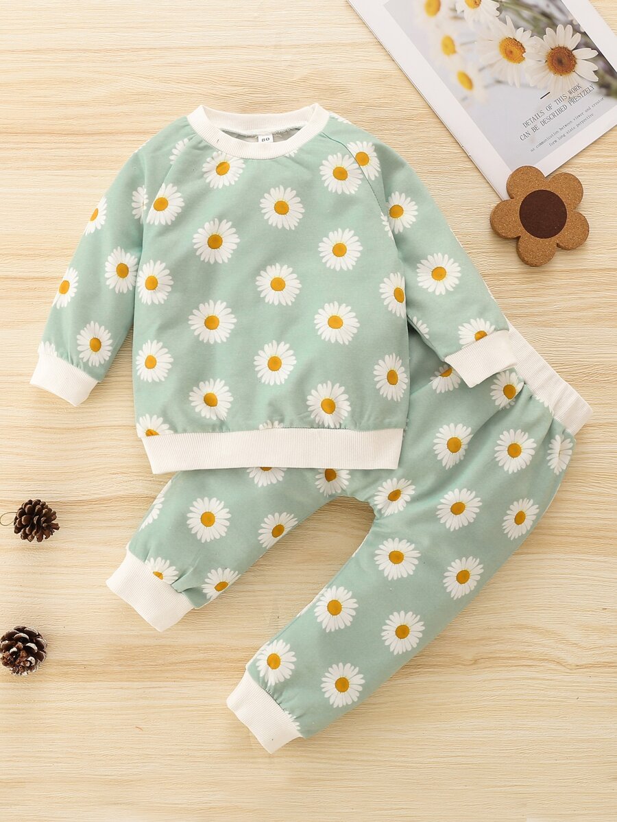 Bebé con estampado floral de manga raglán Sudadera & Pantalones deportivos - verde menta - Ver 1