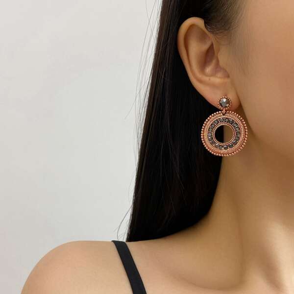 

Rhinestone Decor Round Drop Earrings, Rose gold