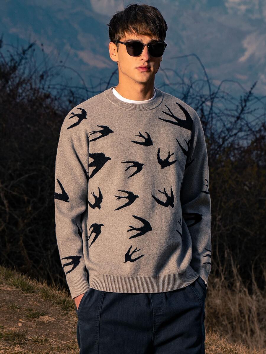 Men's Fall/Winter Bird Pattern Sweater Fashionable And Comfortable Pullover Sweater