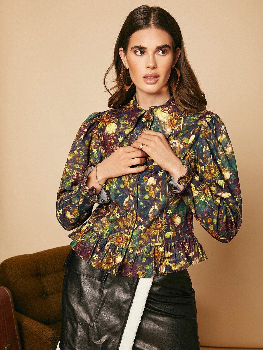 SHEIN Privé Peter Pan Collar Ruffle Hem Floral Blouse - Multicolor - View 1