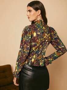 SHEIN Privé Peter Pan Collar Ruffle Hem Floral Blouse - Multicolor - View 2