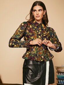 SHEIN Privé Peter Pan Collar Ruffle Hem Floral Blouse - Multicolor - View 4