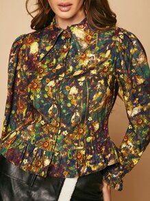 SHEIN Privé Peter Pan Collar Ruffle Hem Floral Blouse - Multicolor - View 5