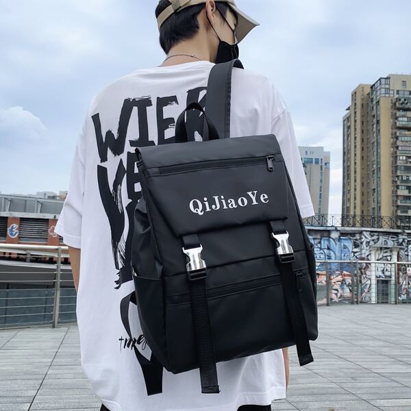 

Men Letter Graphic Release Buckle Decor Backpack, Black