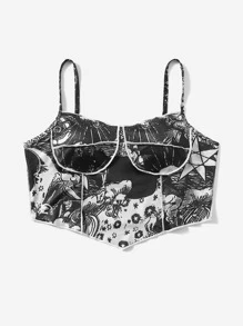 ROMWE Cami corto ribete con puntada con estampado de sol - Blanco y Negro - Ver 1