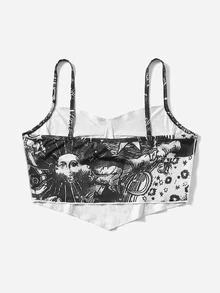 ROMWE Cami corto ribete con puntada con estampado de sol - Blanco y Negro - Ver 2