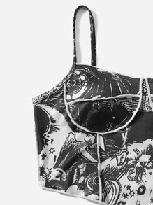 ROMWE Cami corto ribete con puntada con estampado de sol - Blanco y Negro - Ver 3