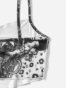 ROMWE Cami corto ribete con puntada con estampado de sol - Blanco y Negro - Ver 4